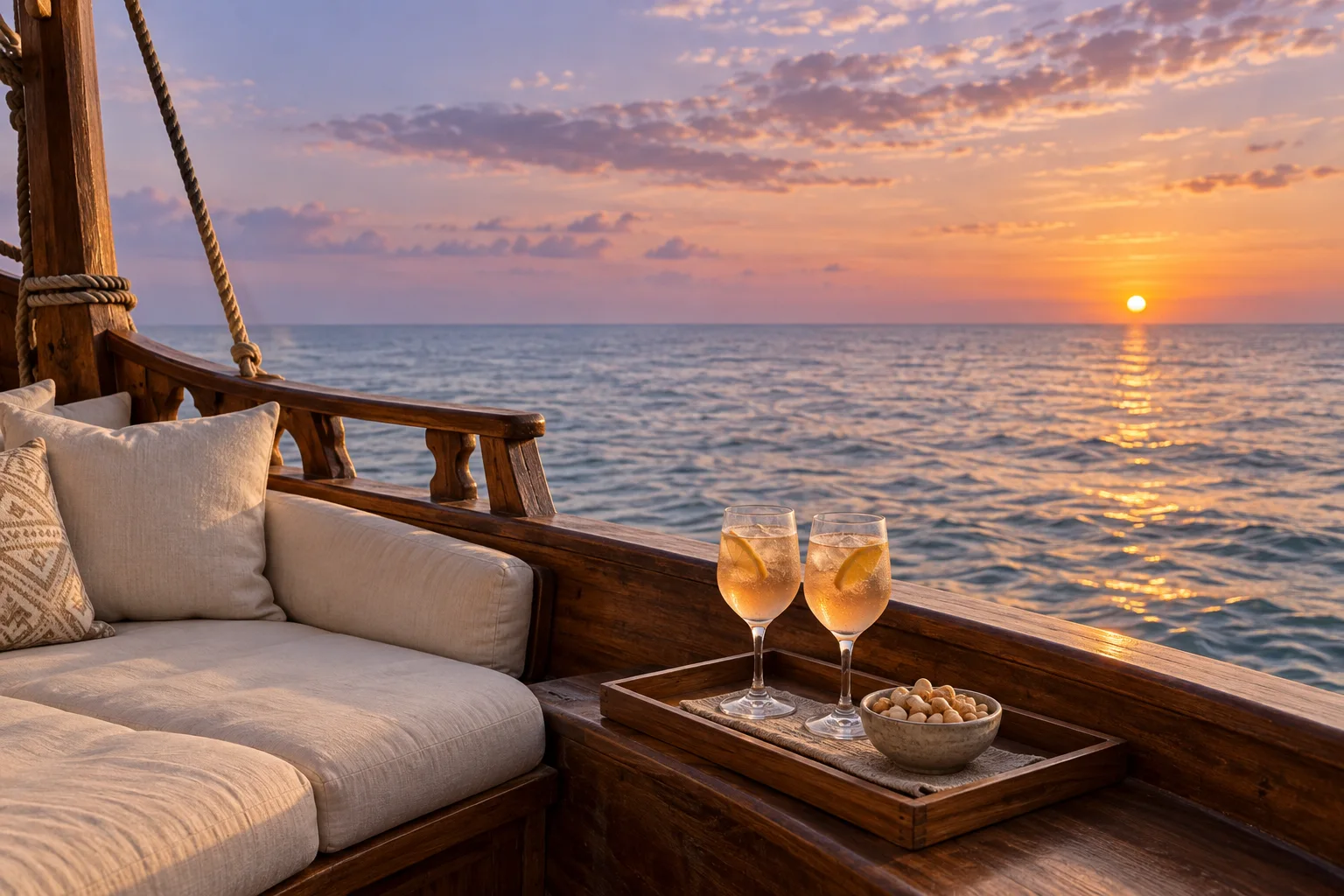 Imagined aperitif aboard a dhow at sunset