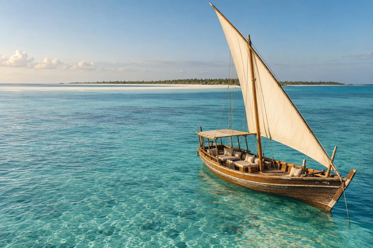 An imagined wooden dhow with an ivory sail in clear turquoise water