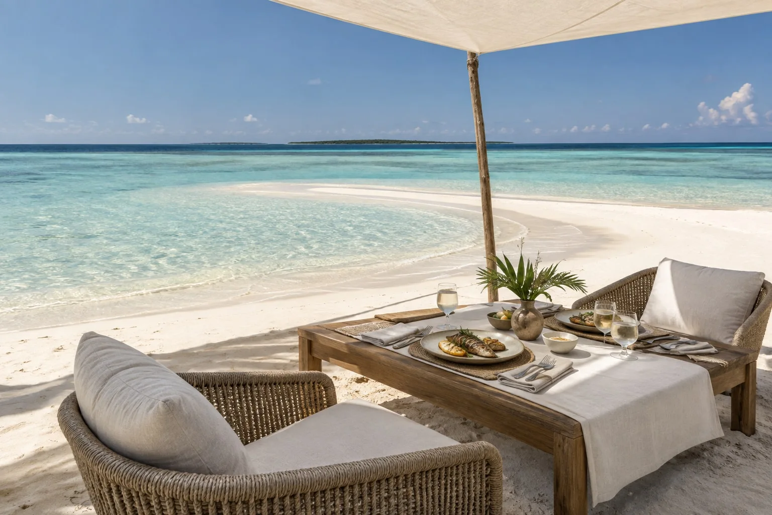 Imagined private lunch under a cream canopy on a sandbank beside turquoise water
