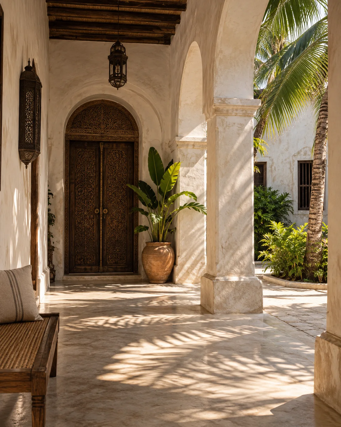 Imagined sunlit Swahili-inspired courtyard with carved timber doors and palm shadows