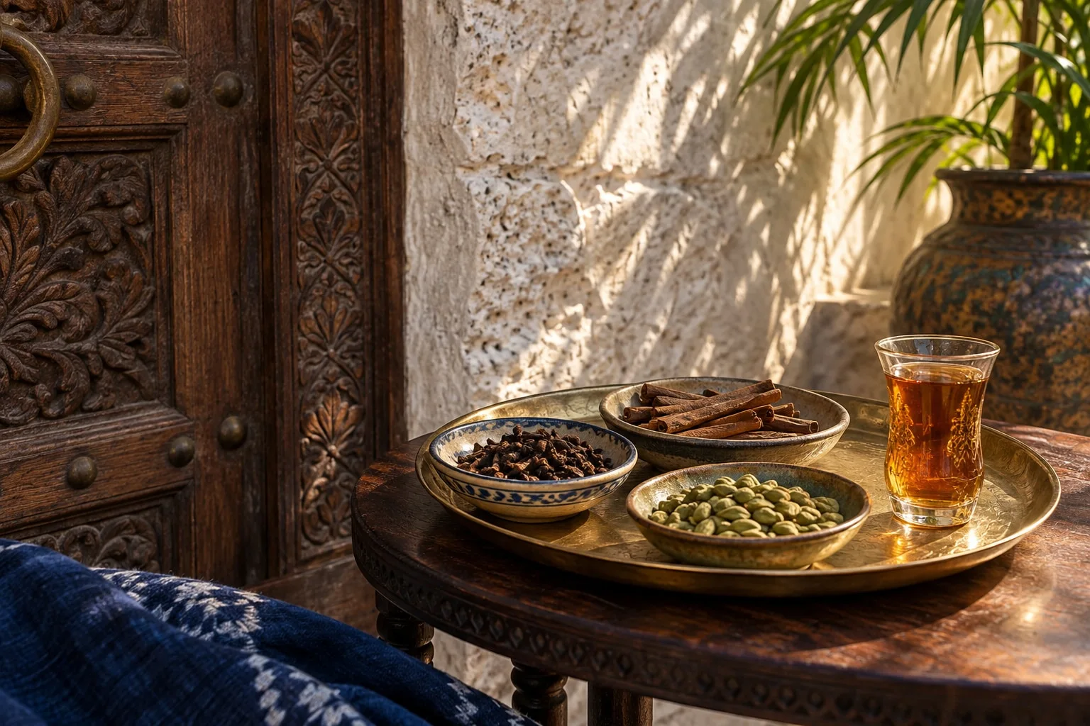 Concept still life of whole spices and tea beside a carved wooden doorway